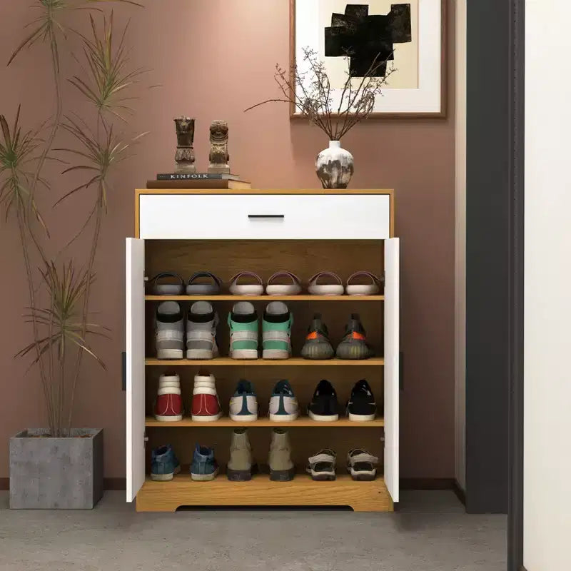 MAYEERTY Shoe Cabinet, 4-Tier Rack with 1 Drawer, Freestanding Wooden Storage with 2 White Doors & Adjustable Shelves for Entryway/Hallway