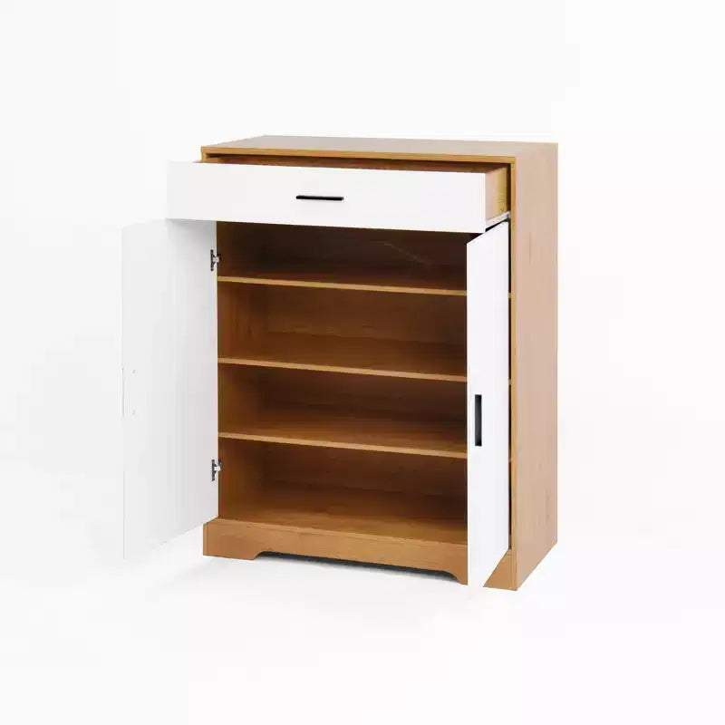 MAYEERTY Shoe Cabinet, 4-Tier Rack with 1 Drawer, Freestanding Wooden Storage with 2 White Doors & Adjustable Shelves for Entryway/Hallway
