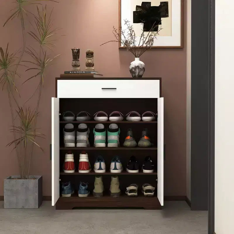 MAYEERTY Shoe Cabinet, 4-Tier Rack with 1 Drawer, Freestanding Wooden Storage with 2 White Doors & Adjustable Shelves for Entryway/Hallway