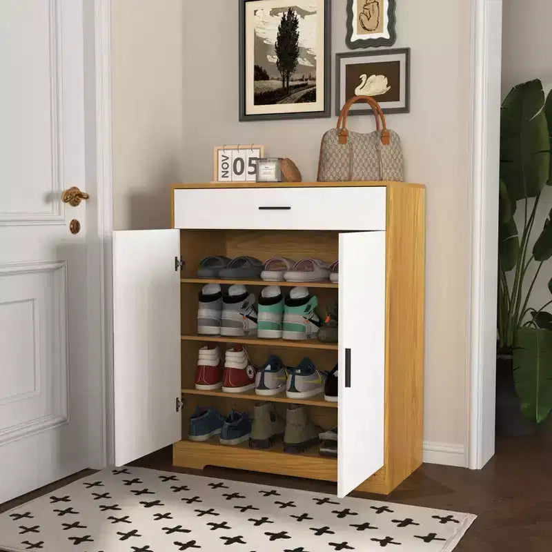 MAYEERTY Shoe Cabinet, 4-Tier Rack with 1 Drawer, Freestanding Wooden Storage with 2 White Doors & Adjustable Shelves for Entryway/Hallway