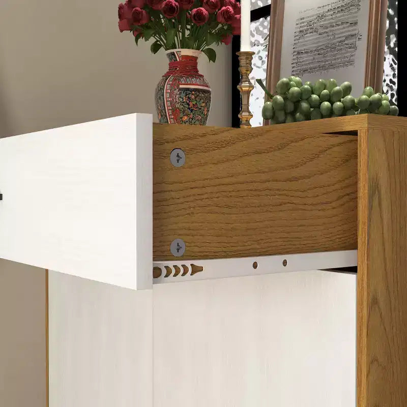 MAYEERTY Shoe Cabinet, 4-Tier Rack with 1 Drawer, Freestanding Wooden Storage with 2 White Doors & Adjustable Shelves for Entryway/Hallway