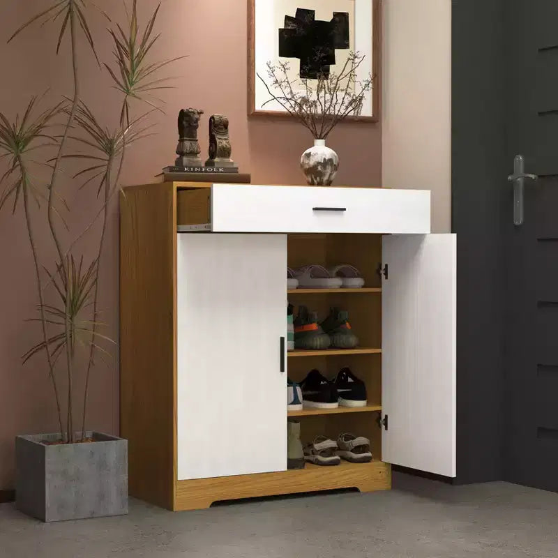 MAYEERTY Shoe Cabinet, 4-Tier Rack with 1 Drawer, Freestanding Wooden Storage with 2 White Doors & Adjustable Shelves for Entryway/Hallway