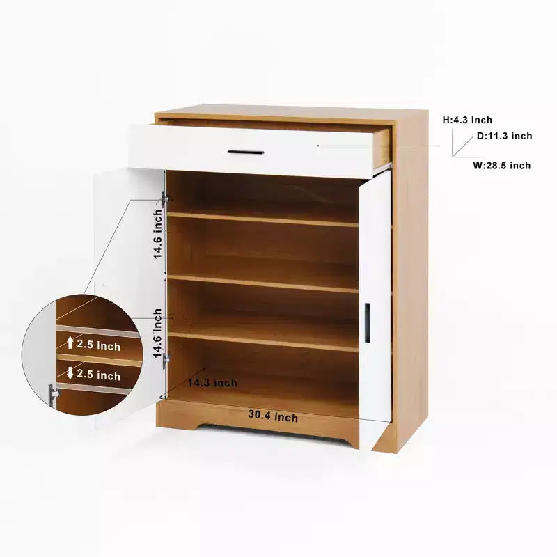 MAYEERTY Shoe Cabinet, 4-Tier Rack with 1 Drawer, Freestanding Wooden Storage with 2 White Doors & Adjustable Shelves for Entryway/Hallway