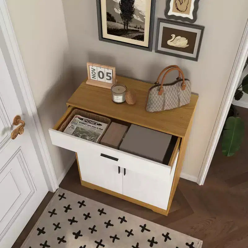 MAYEERTY Shoe Cabinet, 4-Tier Rack with 1 Drawer, Freestanding Wooden Storage with 2 White Doors & Adjustable Shelves for Entryway/Hallway