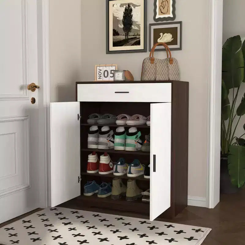 MAYEERTY Shoe Cabinet, 4-Tier Rack with 1 Drawer, Freestanding Wooden Storage with 2 White Doors & Adjustable Shelves for Entryway/Hallway