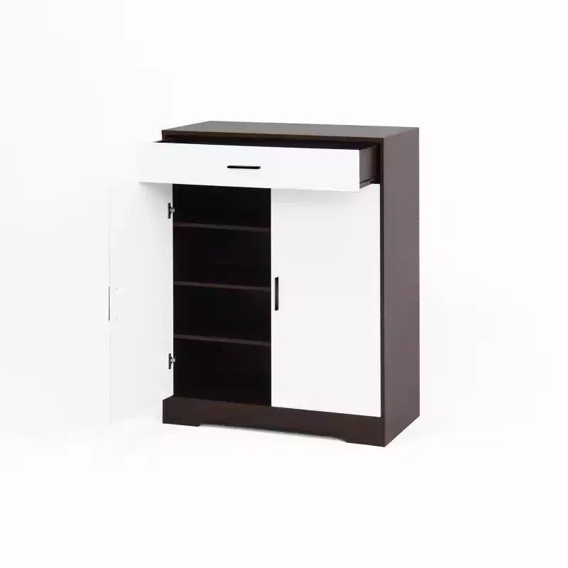 MAYEERTY Shoe Cabinet, 4-Tier Rack with 1 Drawer, Freestanding Wooden Storage with 2 White Doors & Adjustable Shelves for Entryway/Hallway