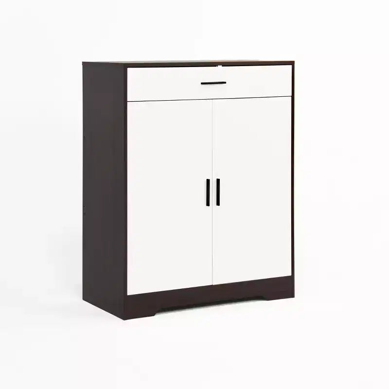 MAYEERTY Shoe Cabinet, 4-Tier Rack with 1 Drawer, Freestanding Wooden Storage with 2 White Doors & Adjustable Shelves for Entryway/Hallway