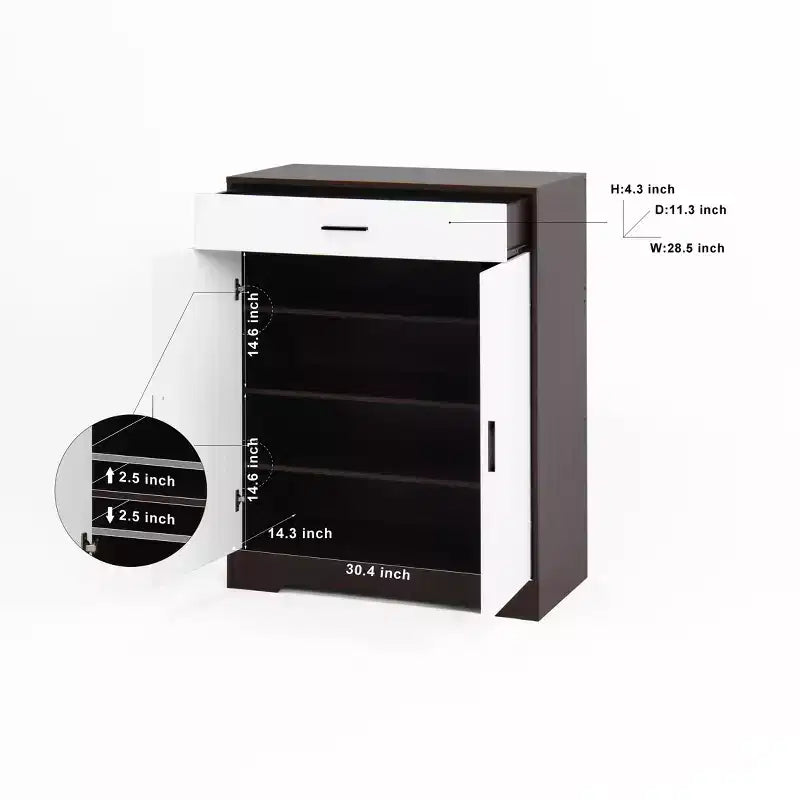 MAYEERTY Shoe Cabinet, 4-Tier Rack with 1 Drawer, Freestanding Wooden Storage with 2 White Doors & Adjustable Shelves for Entryway/Hallway