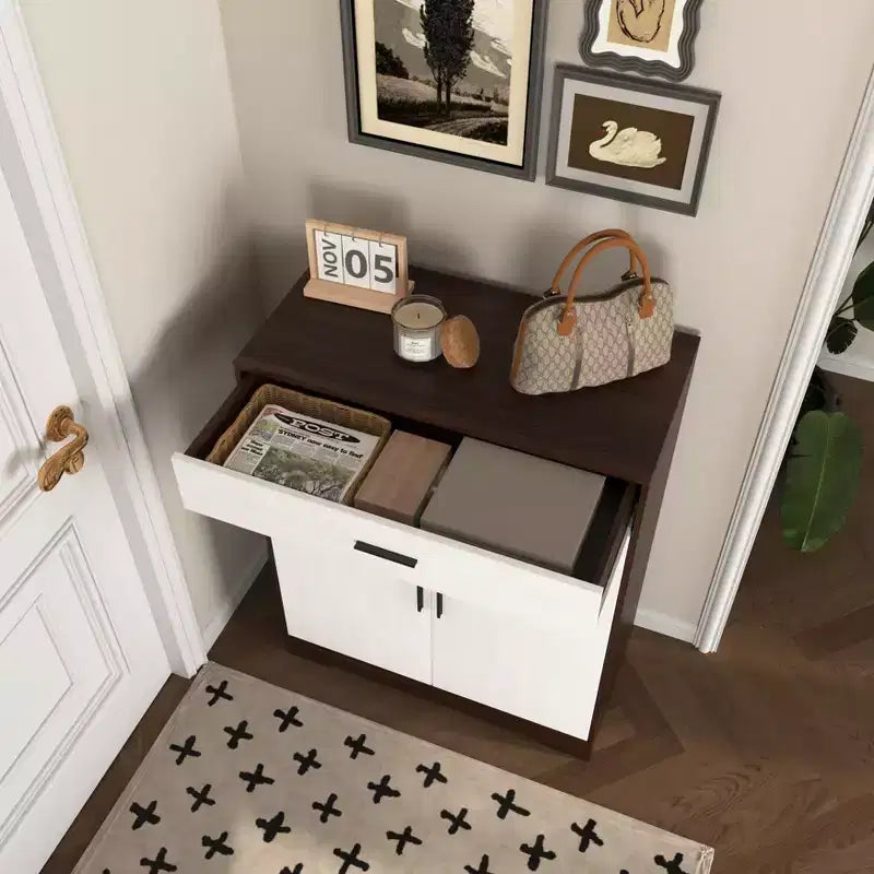 MAYEERTY Shoe Cabinet, 4-Tier Rack with 1 Drawer, Freestanding Wooden Storage with 2 White Doors & Adjustable Shelves for Entryway/Hallway