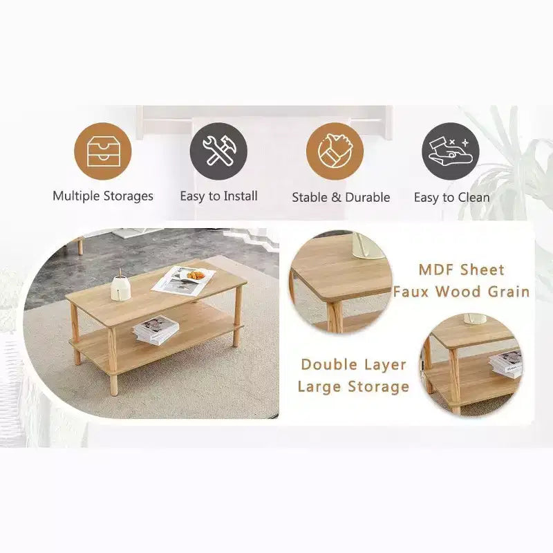 Modern 2-Tier Coffee Table for Living Room Furniture,Rectangular Center Table with Open Storage Shelf,Rounded Rubberwood legs