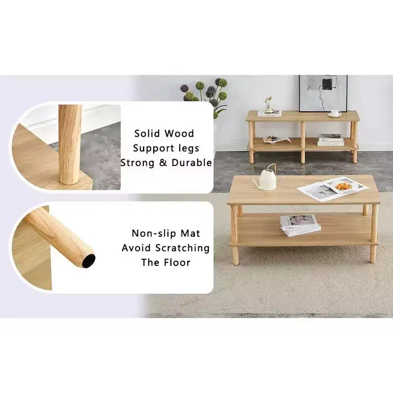 Modern 2-Tier Coffee Table for Living Room Furniture,Rectangular Center Table with Open Storage Shelf,Rounded Rubberwood legs