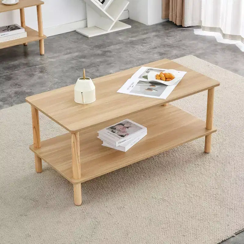 Modern 2-Tier Coffee Table for Living Room Furniture,Rectangular Center Table with Open Storage Shelf,Rounded Rubberwood legs