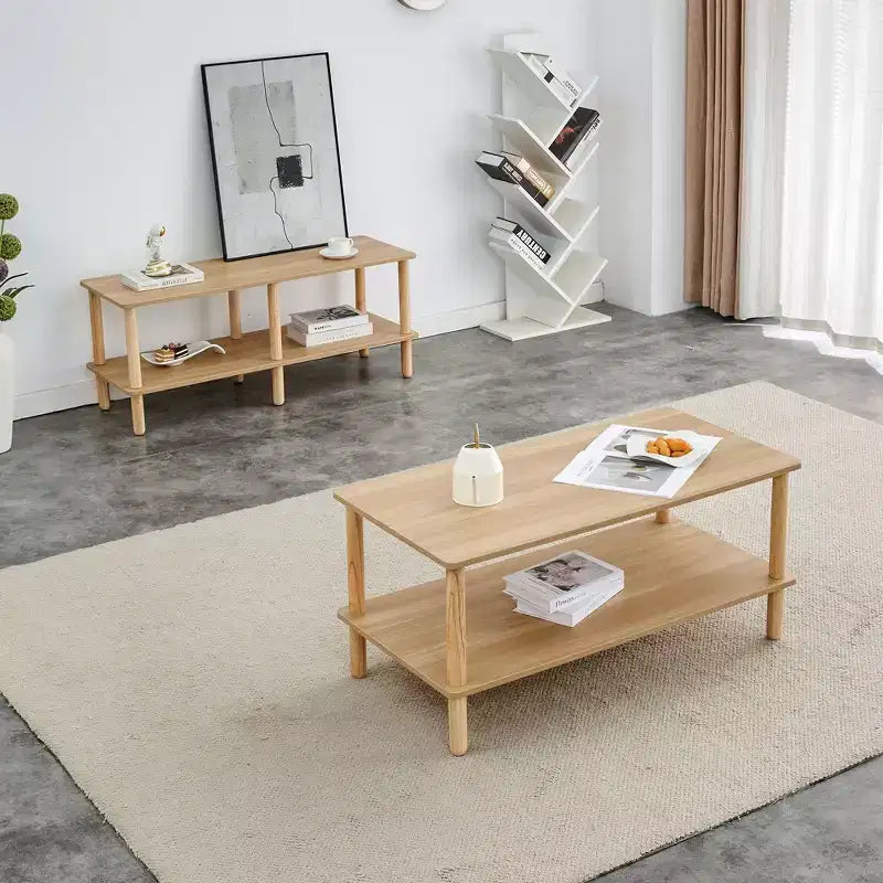 Modern 2-Tier Coffee Table for Living Room Furniture,Rectangular Center Table with Open Storage Shelf,Rounded Rubberwood legs