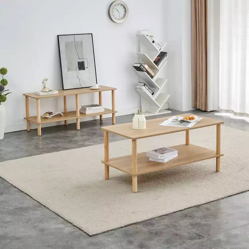 Modern 2-Tier Coffee Table for Living Room Furniture,Rectangular Center Table with Open Storage Shelf,Rounded Rubberwood legs
