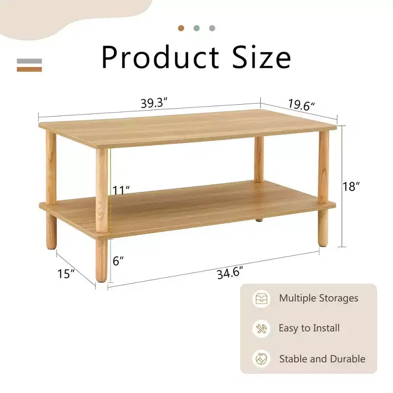 Modern 2-Tier Coffee Table for Living Room Furniture,Rectangular Center Table with Open Storage Shelf,Rounded Rubberwood legs