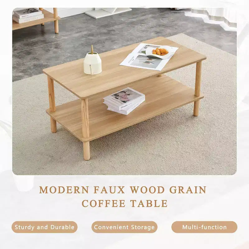 Modern 2-Tier Coffee Table for Living Room Furniture,Rectangular Center Table with Open Storage Shelf,Rounded Rubberwood legs
