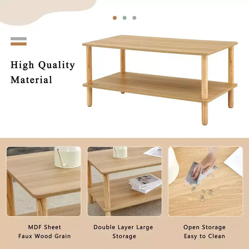 Modern 2-Tier Coffee Table for Living Room Furniture,Rectangular Center Table with Open Storage Shelf,Rounded Rubberwood legs