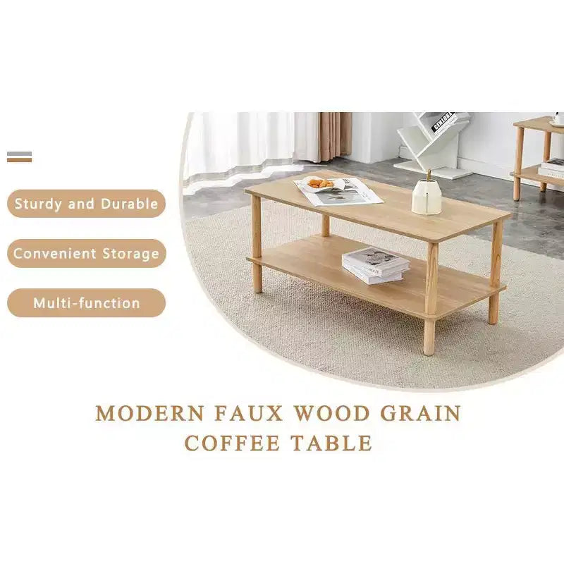 Modern 2-Tier Coffee Table for Living Room Furniture,Rectangular Center Table with Open Storage Shelf,Rounded Rubberwood legs