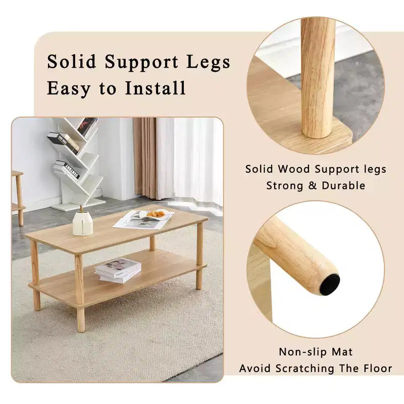 Modern 2-Tier Coffee Table for Living Room Furniture,Rectangular Center Table with Open Storage Shelf,Rounded Rubberwood legs