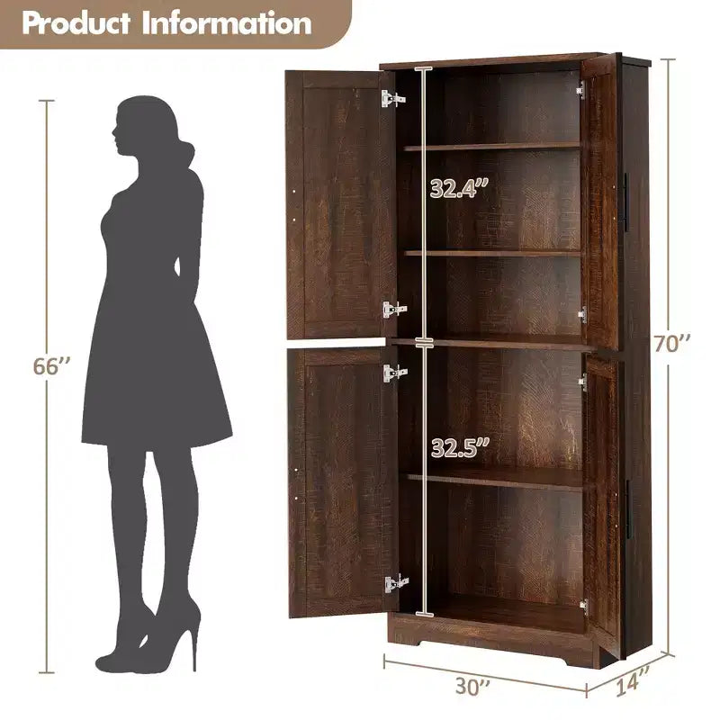 70 Tall Kitchen Pantry Cabinet, Freestanding Cupboard Storage Cabinet with Adjustable Shelves, Wooden Coffee Bar Cabinet for Living Room