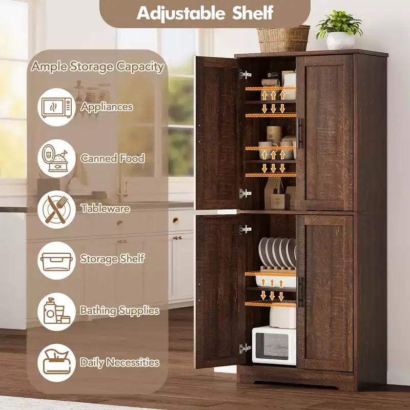 70 Tall Kitchen Pantry Cabinet, Freestanding Cupboard Storage Cabinet with Adjustable Shelves, Wooden Coffee Bar Cabinet for Living Room