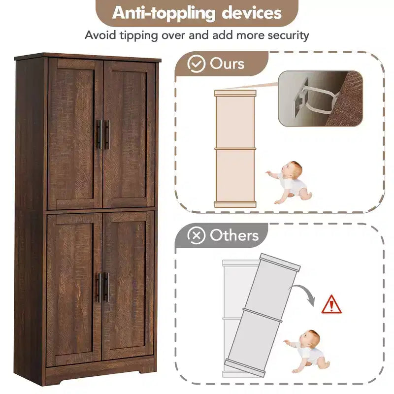 70 Tall Kitchen Pantry Cabinet, Freestanding Cupboard Storage Cabinet with Adjustable Shelves, Wooden Coffee Bar Cabinet for Living Room
