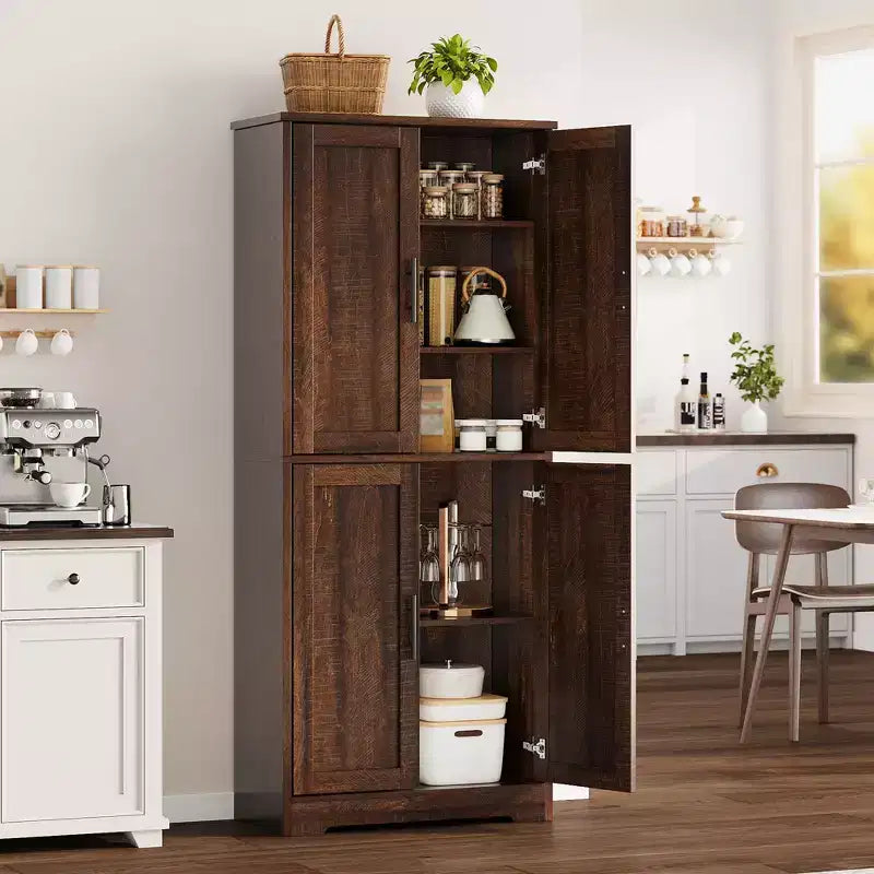 70 Tall Kitchen Pantry Cabinet, Freestanding Cupboard Storage Cabinet with Adjustable Shelves, Wooden Coffee Bar Cabinet for Living Room
