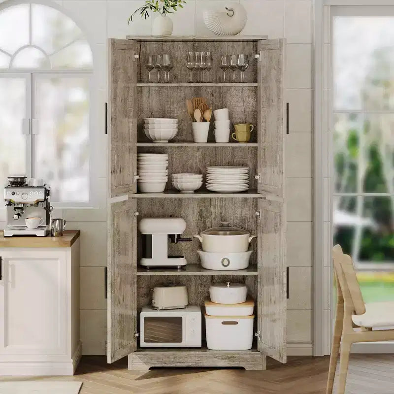 70 Tall Kitchen Pantry Cabinet, Freestanding Cupboard Storage Cabinet with Adjustable Shelves, Wooden Coffee Bar Cabinet for Living Room