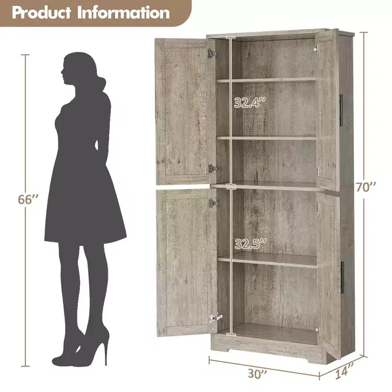 70 Tall Kitchen Pantry Cabinet, Freestanding Cupboard Storage Cabinet with Adjustable Shelves, Wooden Coffee Bar Cabinet for Living Room