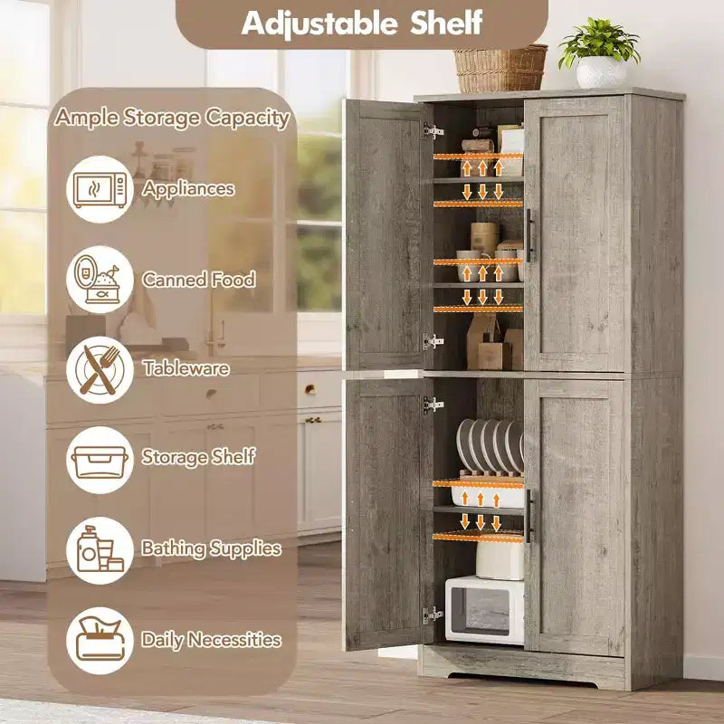 70 Tall Kitchen Pantry Cabinet, Freestanding Cupboard Storage Cabinet with Adjustable Shelves, Wooden Coffee Bar Cabinet for Living Room