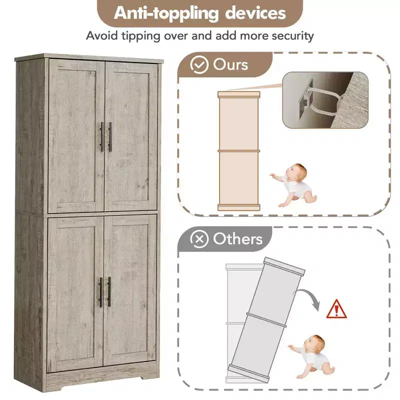 70 Tall Kitchen Pantry Cabinet, Freestanding Cupboard Storage Cabinet with Adjustable Shelves, Wooden Coffee Bar Cabinet for Living Room