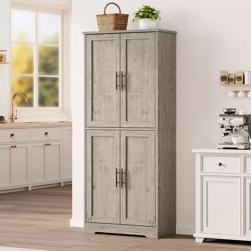70 Tall Kitchen Pantry Cabinet, Freestanding Cupboard Storage Cabinet with Adjustable Shelves, Wooden Coffee Bar Cabinet for Living Room