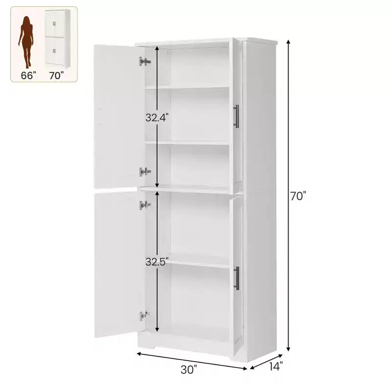 70 Tall Kitchen Pantry Cabinet, Freestanding Cupboard Storage Cabinet with Adjustable Shelves, Wooden Coffee Bar Cabinet for Living Room
