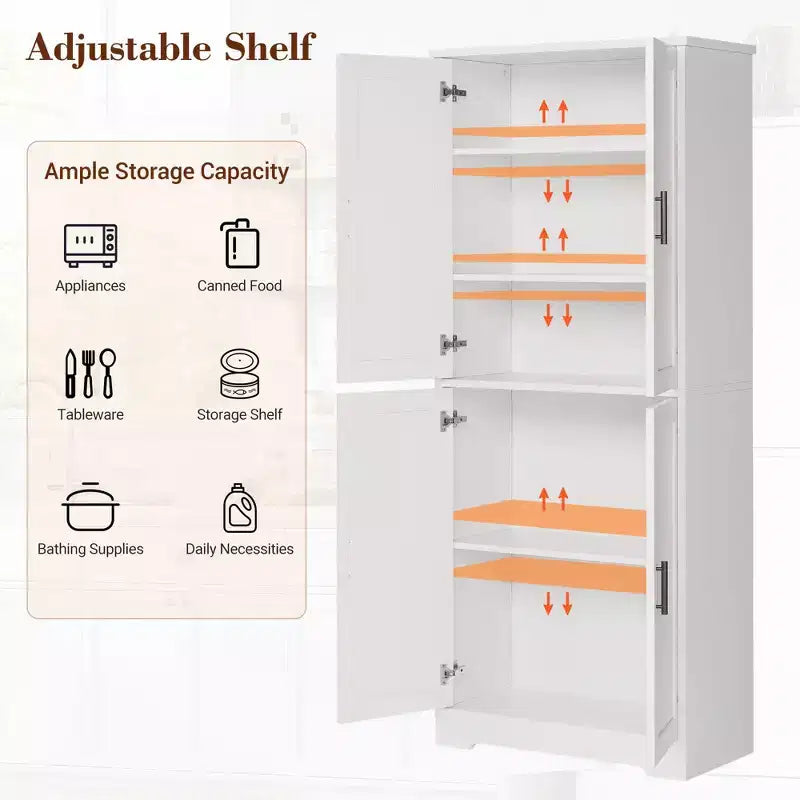 70 Tall Kitchen Pantry Cabinet, Freestanding Cupboard Storage Cabinet with Adjustable Shelves, Wooden Coffee Bar Cabinet for Living Room
