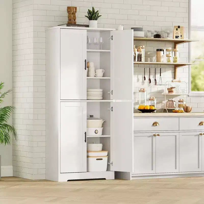 70 Tall Kitchen Pantry Cabinet, Freestanding Cupboard Storage Cabinet with Adjustable Shelves, Wooden Coffee Bar Cabinet for Living Room