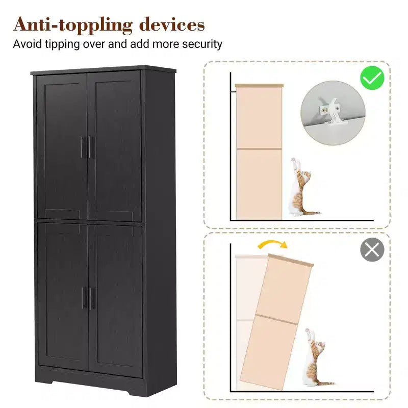 70 Tall Kitchen Pantry Cabinet, Freestanding Cupboard Storage Cabinet with Adjustable Shelves, Wooden Coffee Bar Cabinet for Living Room