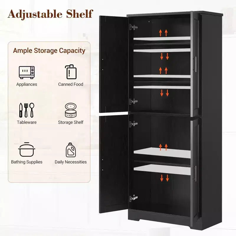70 Tall Kitchen Pantry Cabinet, Freestanding Cupboard Storage Cabinet with Adjustable Shelves, Wooden Coffee Bar Cabinet for Living Room