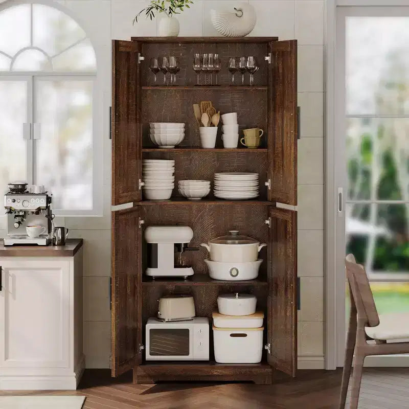 70 Tall Kitchen Pantry Cabinet, Freestanding Cupboard Storage Cabinet with Adjustable Shelves, Wooden Coffee Bar Cabinet for Living Room