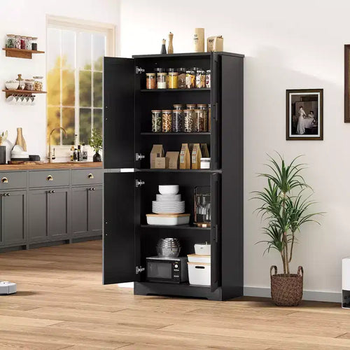 70 Tall Kitchen Pantry Cabinet, Freestanding Cupboard Storage Cabinet with Adjustable Shelves, Wooden Coffee Bar Cabinet for Living Room