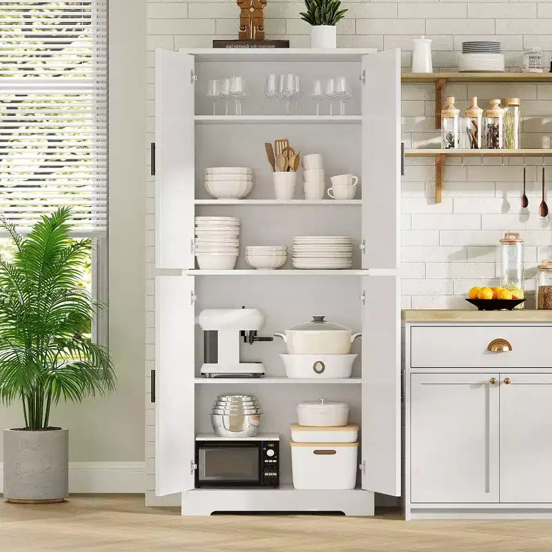 70 Tall Kitchen Pantry Cabinet, Freestanding Cupboard Storage Cabinet with Adjustable Shelves, Wooden Coffee Bar Cabinet for Living Room
