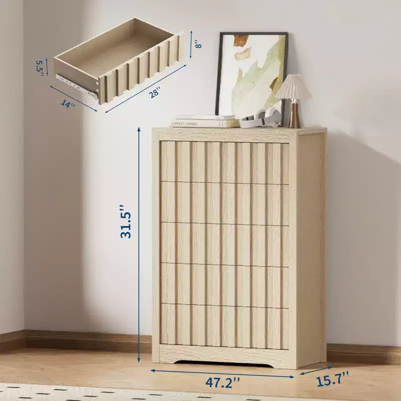 5 Drawer Dresser for Bedroom - Mid Century Modern Chest of Drawers, Wood Tall Nightstand, Striped Fluted Side Table, Enhanced Safety