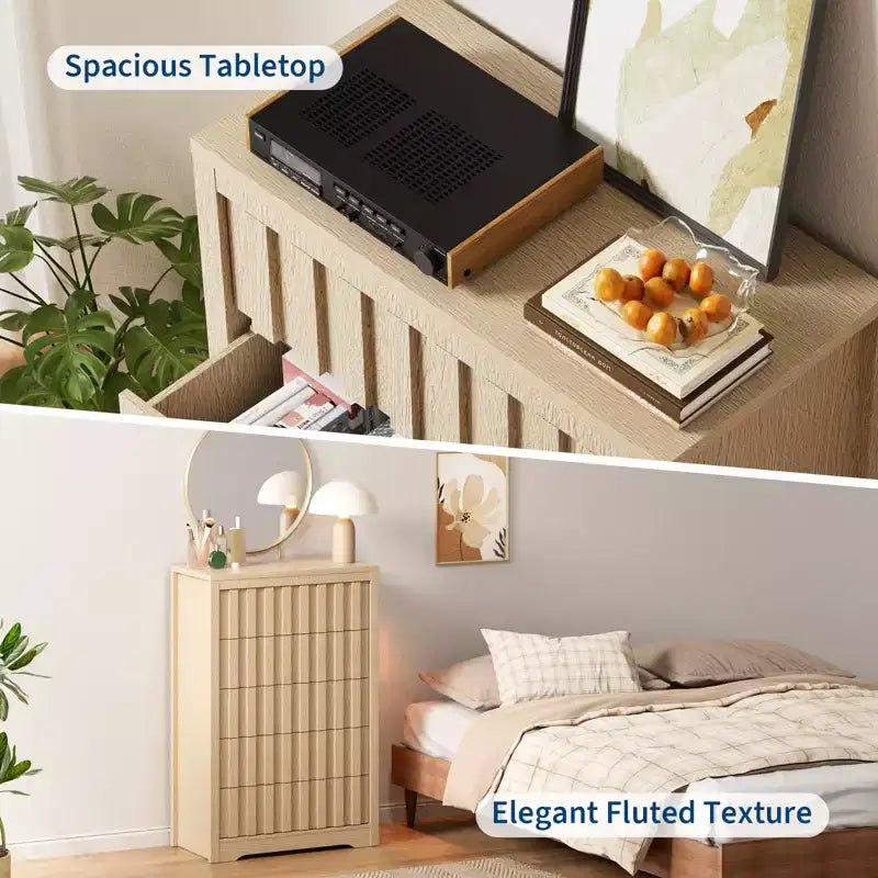 5 Drawer Dresser for Bedroom - Mid Century Modern Chest of Drawers, Wood Tall Nightstand, Striped Fluted Side Table, Enhanced Safety
