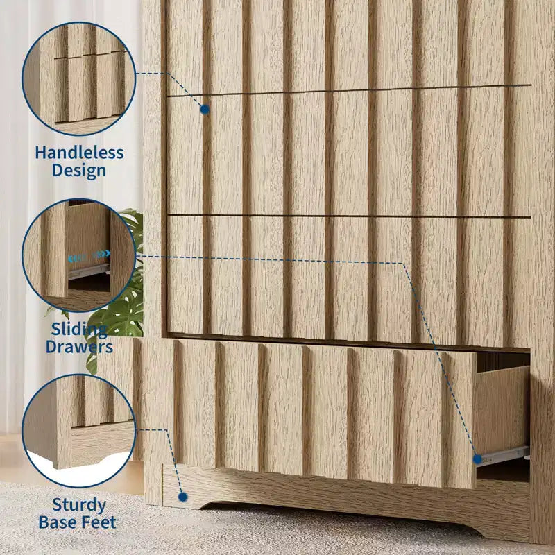 5 Drawer Dresser for Bedroom - Mid Century Modern Chest of Drawers, Wood Tall Nightstand, Striped Fluted Side Table, Enhanced Safety