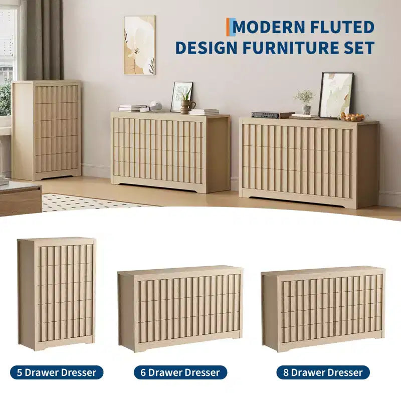 5 Drawer Dresser for Bedroom - Mid Century Modern Chest of Drawers, Wood Tall Nightstand, Striped Fluted Side Table, Enhanced Safety