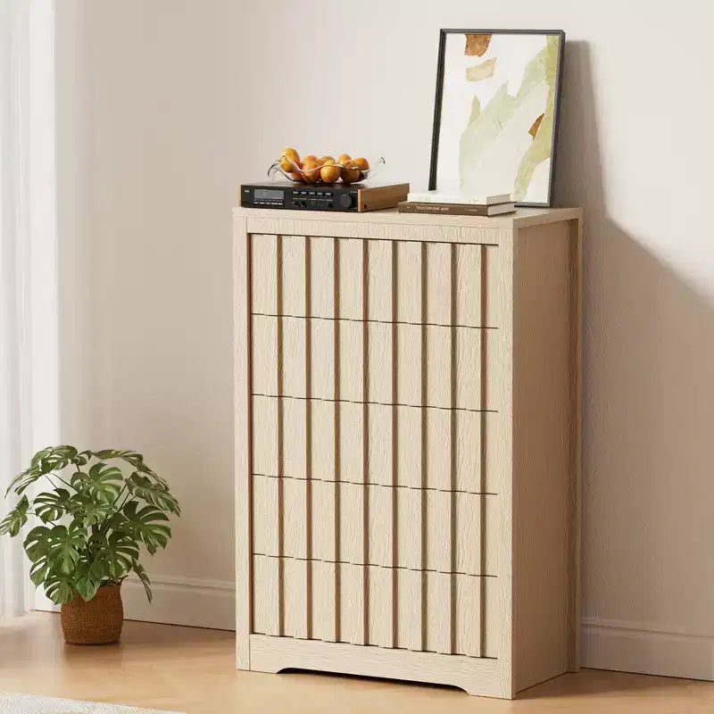 5 Drawer Dresser for Bedroom - Mid Century Modern Chest of Drawers, Wood Tall Nightstand, Striped Fluted Side Table, Enhanced Safety