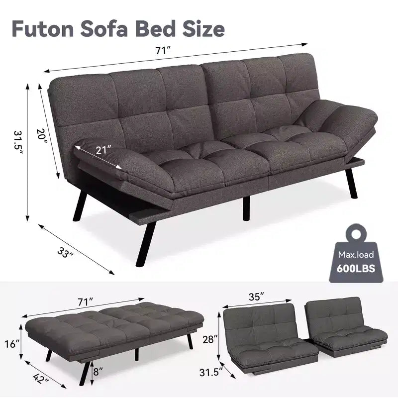 Dyonery 71 Convertible Futon Sofa Bed,Modern Linen Futon Couch with Detachable Cushion,Adjustable Backrest & Armrest