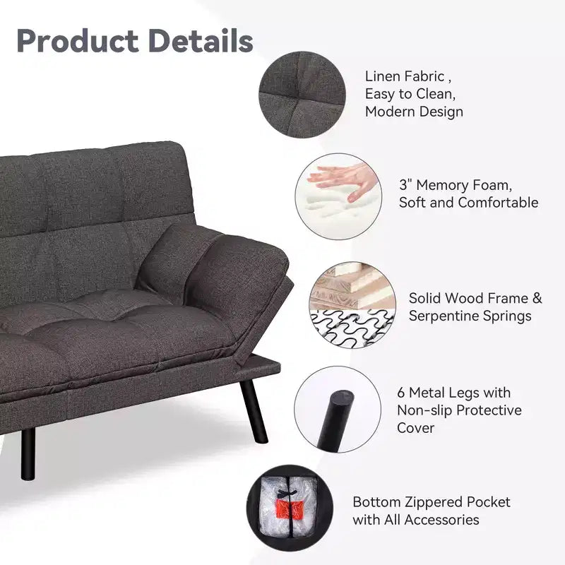Dyonery 71 Convertible Futon Sofa Bed,Modern Linen Futon Couch with Detachable Cushion,Adjustable Backrest & Armrest