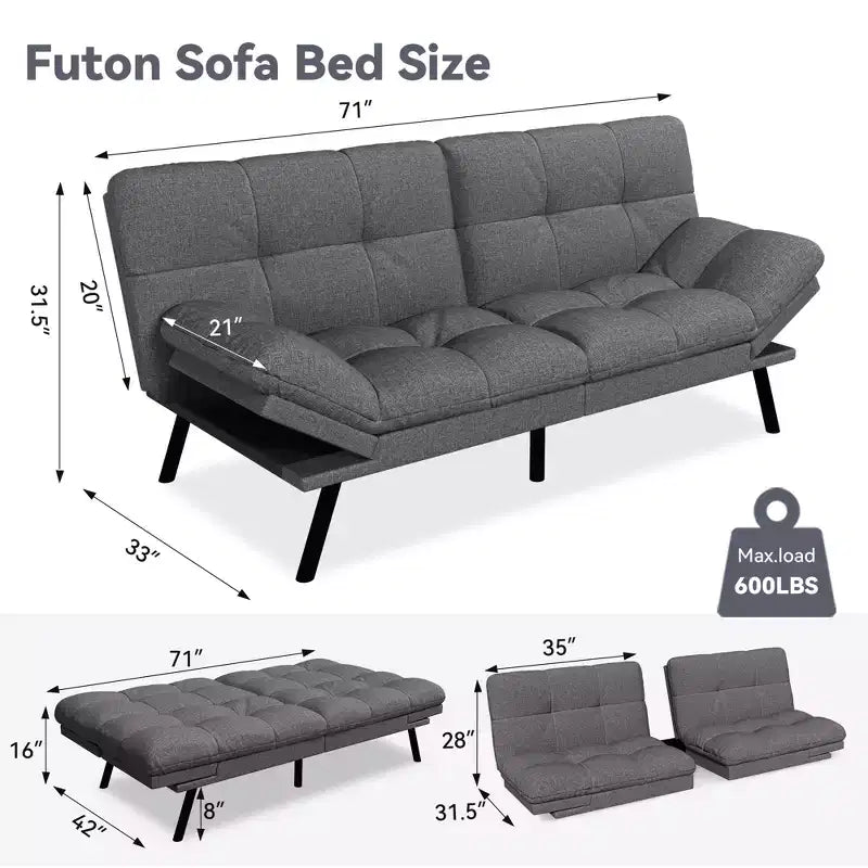 Dyonery 71 Convertible Futon Sofa Bed,Modern Linen Futon Couch with Detachable Cushion,Adjustable Backrest & Armrest