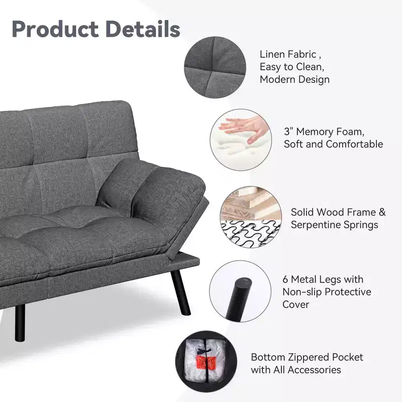 Dyonery 71 Convertible Futon Sofa Bed,Modern Linen Futon Couch with Detachable Cushion,Adjustable Backrest & Armrest
