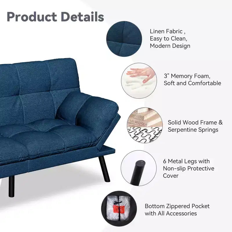 Dyonery 71 Convertible Futon Sofa Bed,Modern Linen Futon Couch with Detachable Cushion,Adjustable Backrest & Armrest